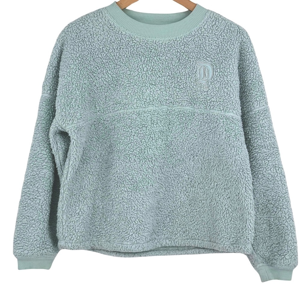 Disney Shimmery Aqua Disneyland Faux Sherpa Spirit Jersey Long Sleeve Sweater
